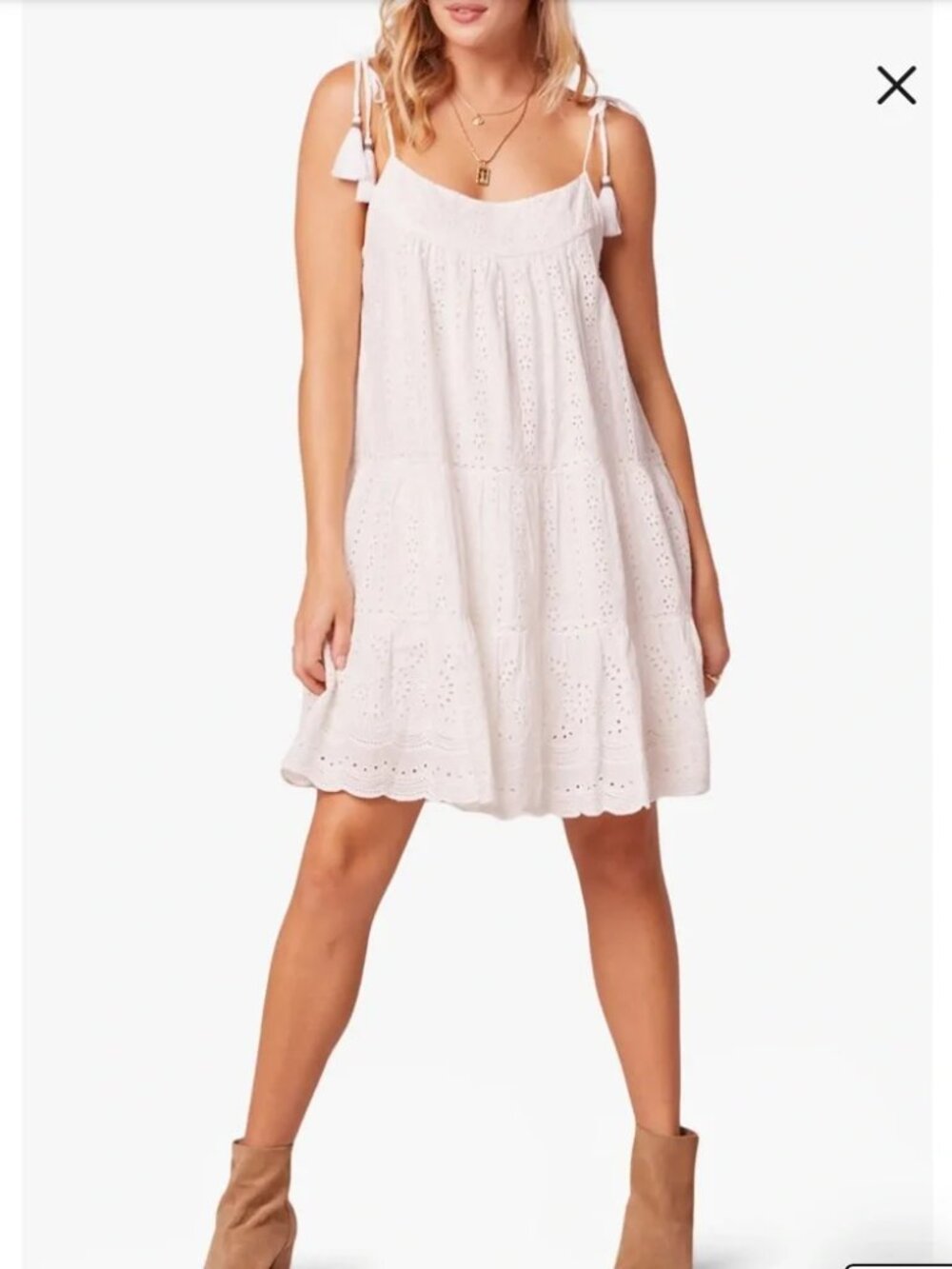 B.O.G. COLLECTIVE Pearl Embroidered Eyelet Cotton Shift Sundress in White, Med